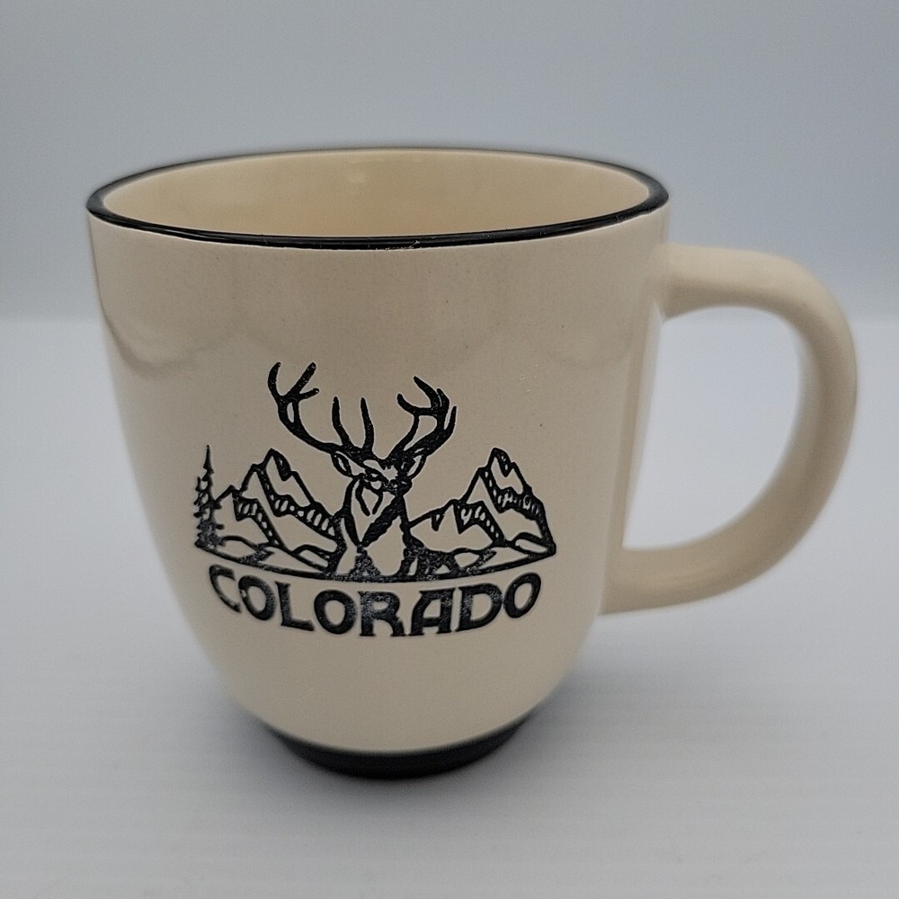 Vintage Colorado Coffee Mug Embossed Mountains Deer Elk Brown Tan Creme Cup